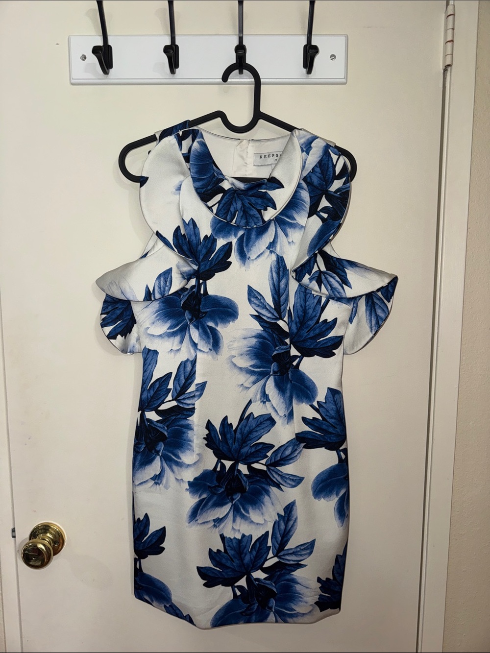 KEEPSAKE the Label White Dress with Blue Floral Print and Ruffle Cold-Shoulder